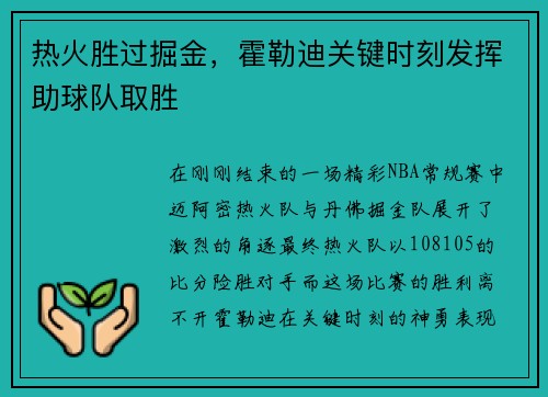 热火胜过掘金，霍勒迪关键时刻发挥助球队取胜